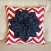 Navy Blue Dahlia on Red and White Zigzag Pillow -Chevron Pillow- Red White and Blue