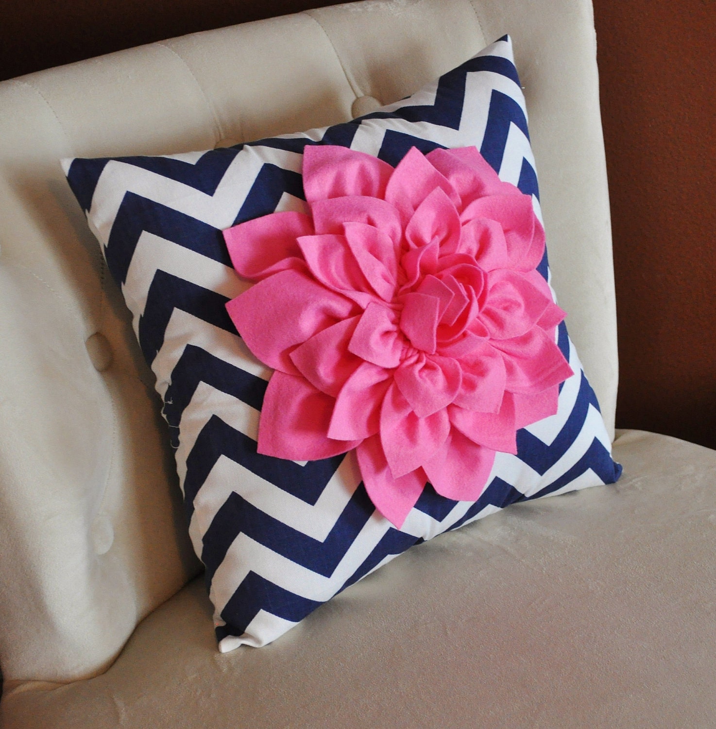 Pink Dahlia on Navy and White Zigzag Pillow -Chevron Pillow-