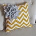 Gray Corner Dahlia on Mustard and White Zigzag Pillow 14 X 14 -Chevron Flower Pillow- Zig Zag Pillows