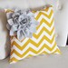 Gray Corner Dahlia on Mustard and White Zigzag Pillow 14 X 14 -Chevron Flower Pillow- Zig Zag Pillows