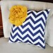 Mustard Rose on Navy and White Zigzag Pillow 14 X 14 -Chevron Flower Pillow- Zig Zag Pillows
