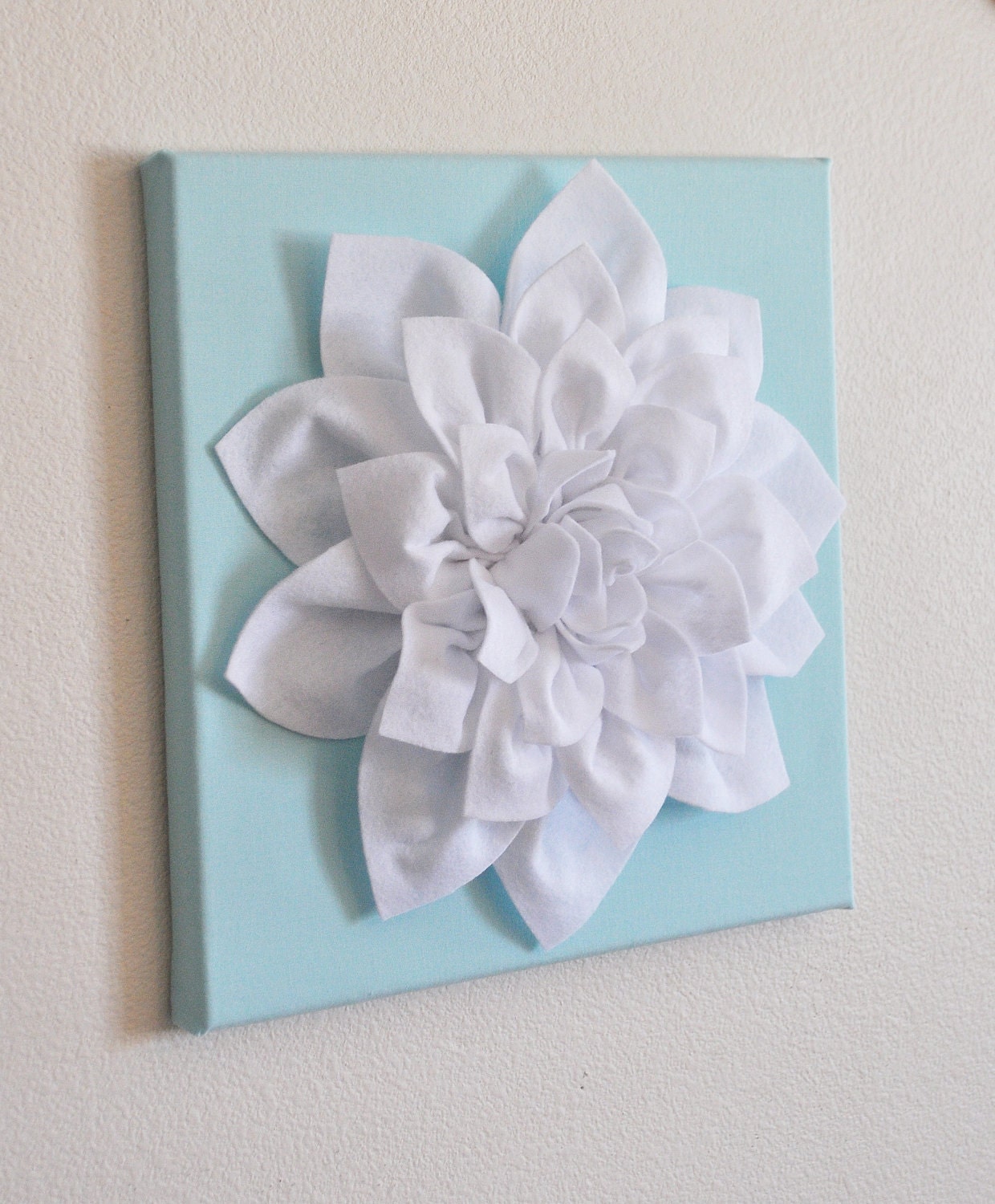 Wall Flower -White Dahlia on Aqua 12 x12" Canvas Wall Art- 3D Felt Flower