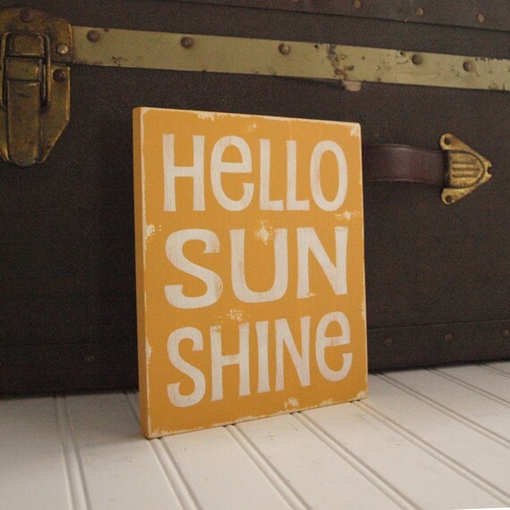 HELLO SUN SHINE Wood Sign Handpainted Vintage Style Mustard Yellow