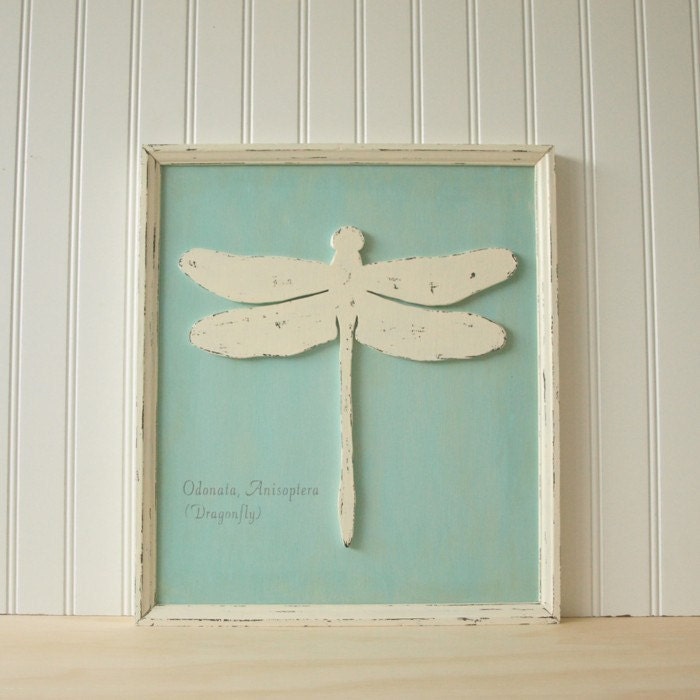 Vintage style shabby chic cottage decor in wood. One of a kind, Framed Dragonfly in Robin's Egg Blue.