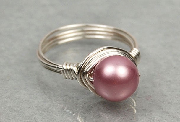 Wire Wrapped Ring- Sterling Silver with Rose Pink Swarovski Pearl- Any Size- Size 4, 5, 6, 7, 8, 9, 10, 11, 12, 13, 14