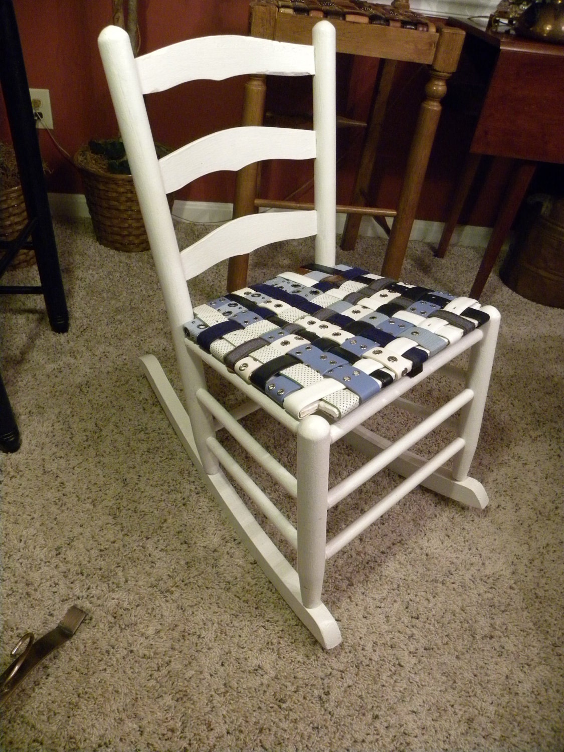 Royal Blue and White Rocking Chair with Seat woven from Recycled Belts