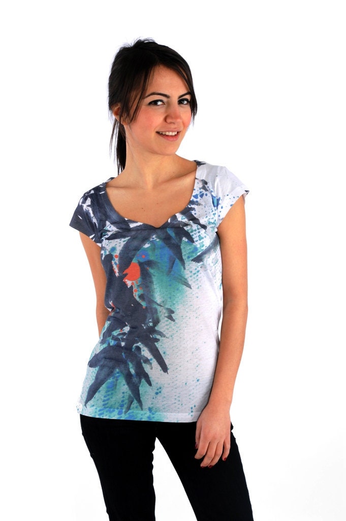 Navy  Blue Leafs Special Design Women Top Tshirt one side printed