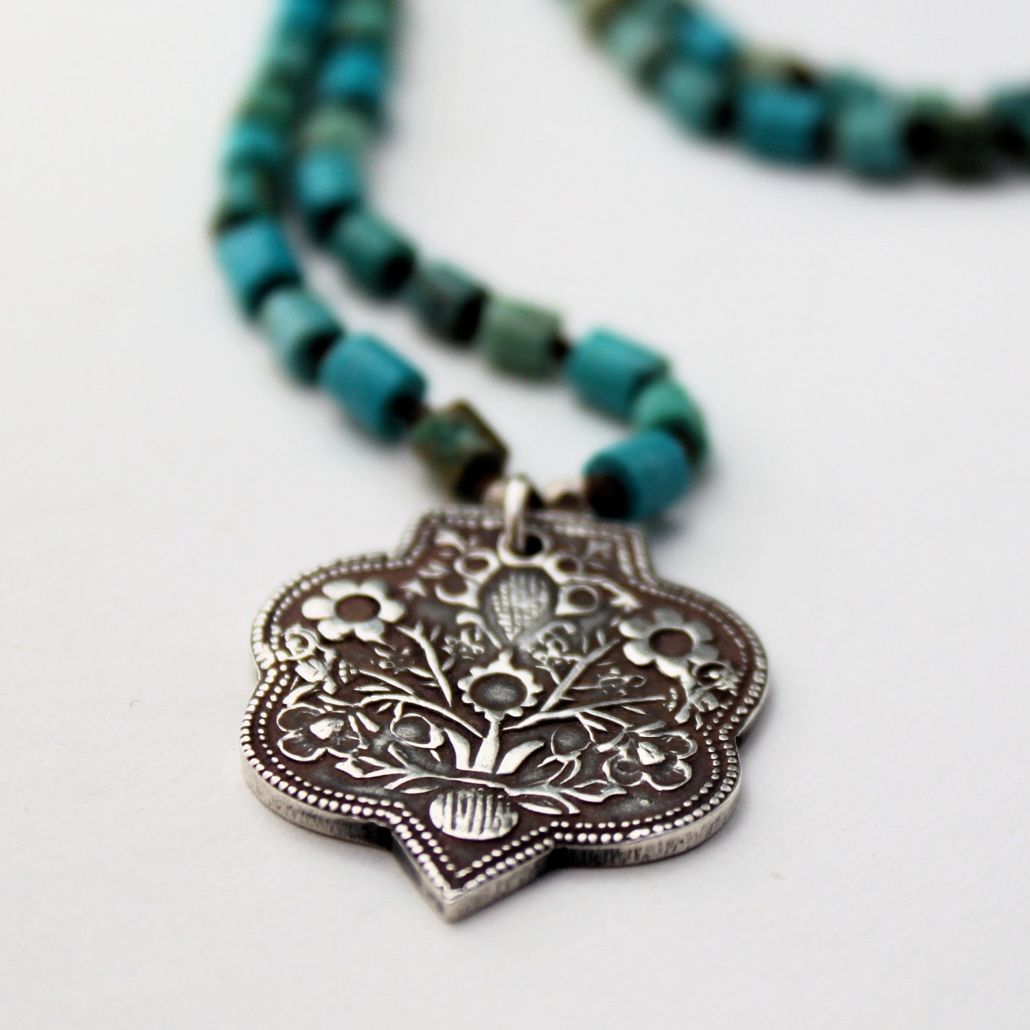 Fine Silver Floral Shield Necklace w/Turquoise - MADE TO ORDER