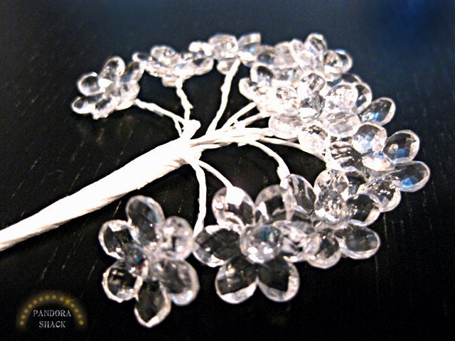 Acrylic Transparent millinery flowers with Rhinestone in center, on wire stem.  Flower embellishment for crafting. 2 bunches. (24 pcs)