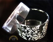12 Damask Party Favor containers, shiny cylinders with clear top lid. Black and white. 2 in x1 in. Wedding, Birthday parties