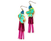 Geometric Leather Fringe Earrings Jewel Tone Color Block Statement Earrings