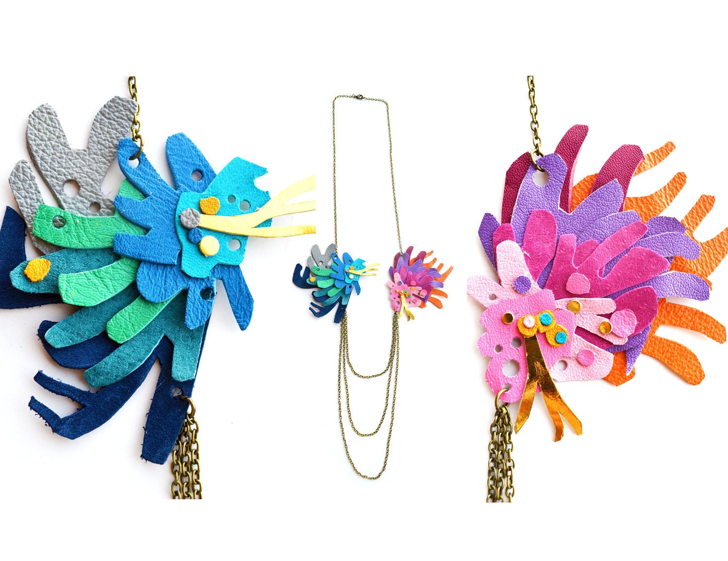 Spring Geometric Statement Necklace Leather Flower Gradients Neon Statement Jewelry