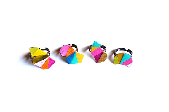 Geometric Adjustable Ring Leather Triangle Kaleidoscope Faceted Jewelry