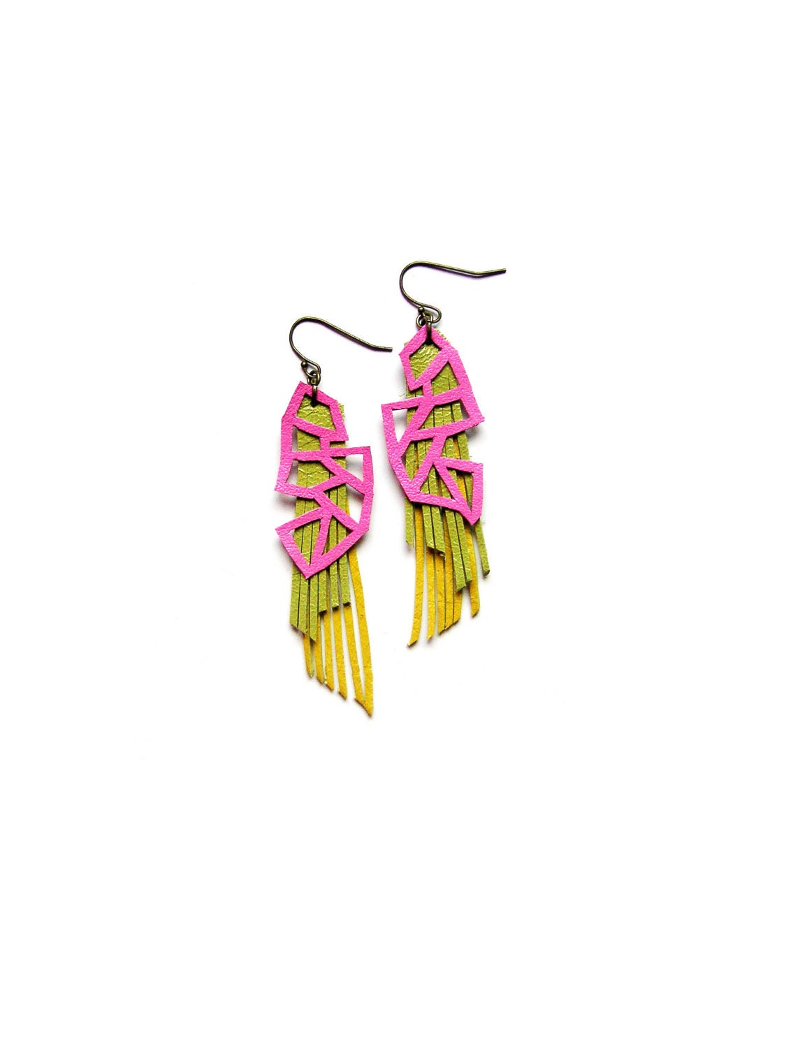 Neon Earrings Geometric Triangles and Fringe Leather Earrings