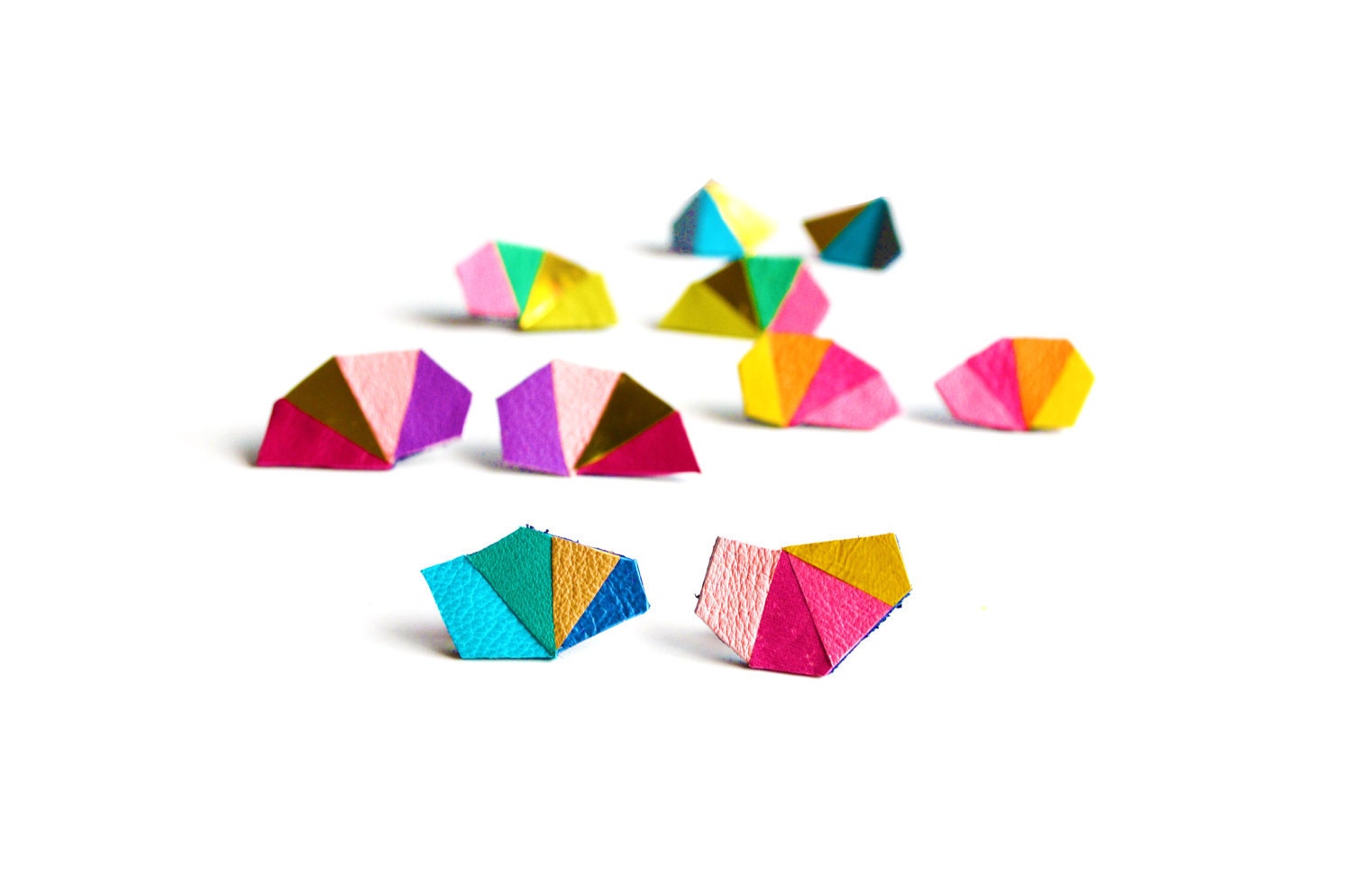 Geometric Leather Post Stud Earrings Neon Triangle Color Block