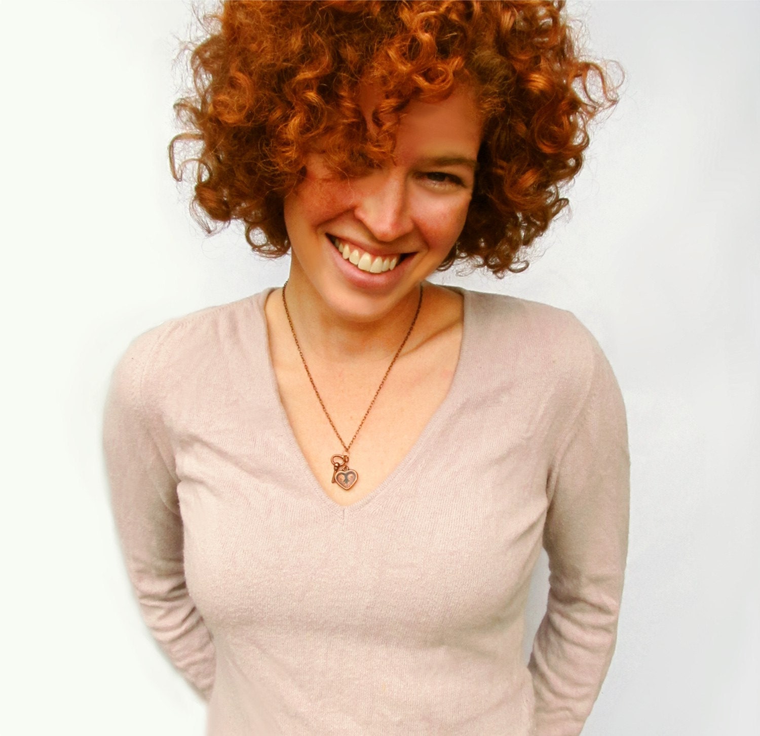 Valentine-- Music Lovers --Hand Painted Key to My Heart Necklace, Redhead, Copper Key Charm, Heart Jewelry