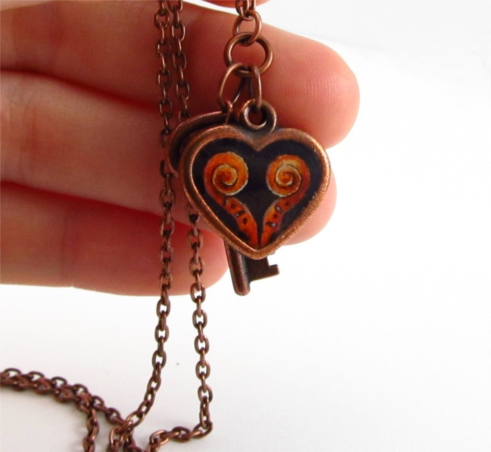 Valentine-- Music Lovers --Hand Painted Key to My Heart Necklace, Redhead, Copper Key Charm, Heart Jewelry