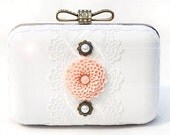 Leather Lace Box Clutch Wedding Chain Purse Brides Bridemaids Prom Bag White Pink Resin Flower Minaudiere