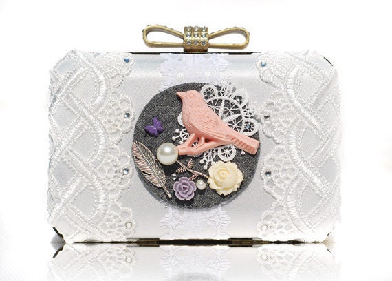 Lace Wool Bird Box Clutch Messenger Chain Bag Romantic Pink White Satin Butterfly Flower Feather Prom Dressing Case Jewerely Box Minaudiere