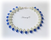 Bridal NECKLACE - Double Sided 2 In 1 Royal Style Neckalce With White Or Ivory Pearls And Sapphire Blue Crystals, Something Blue Piece