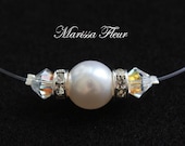 Illusion Necklace With 10mm Swarovski White Pearl, Clear AB Crystals Hang On Invisible Cord, Perfect For Brides And Bridesmaids