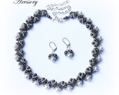 SET Of Royal Style 2 in 1 Double Sided Silver And Gray Pearl And Seed Bead Woven Necklace And Earrings, Perfect For Bride Or Bridesmaids