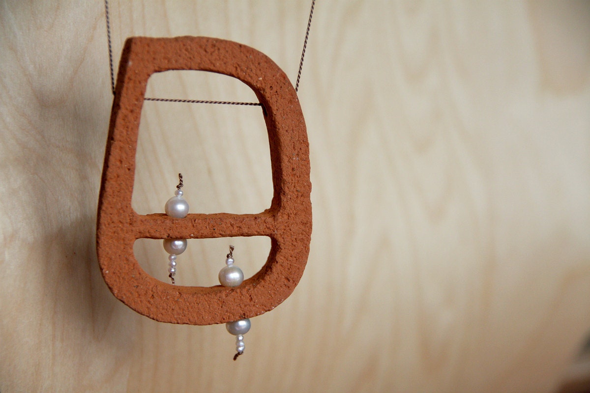 Made to order - Suspended - terracotta & pearls minimalist art necklace