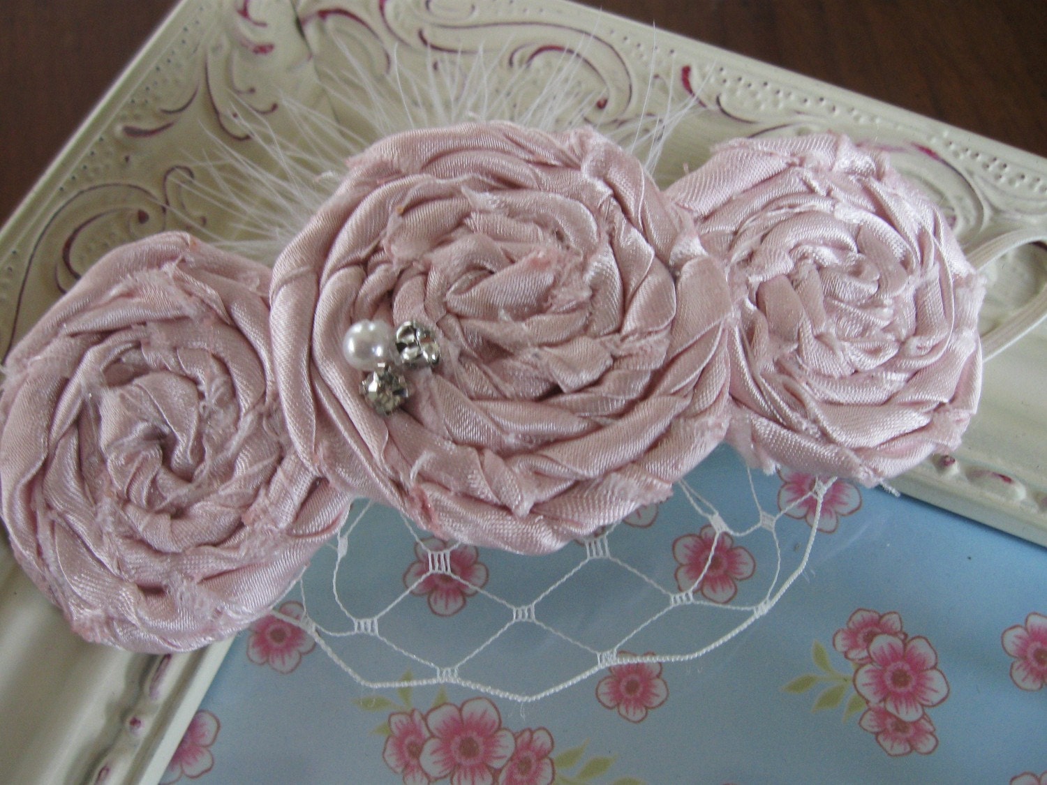 Pink Flower Shabby Chic Newborn Headband Vintage Inspired