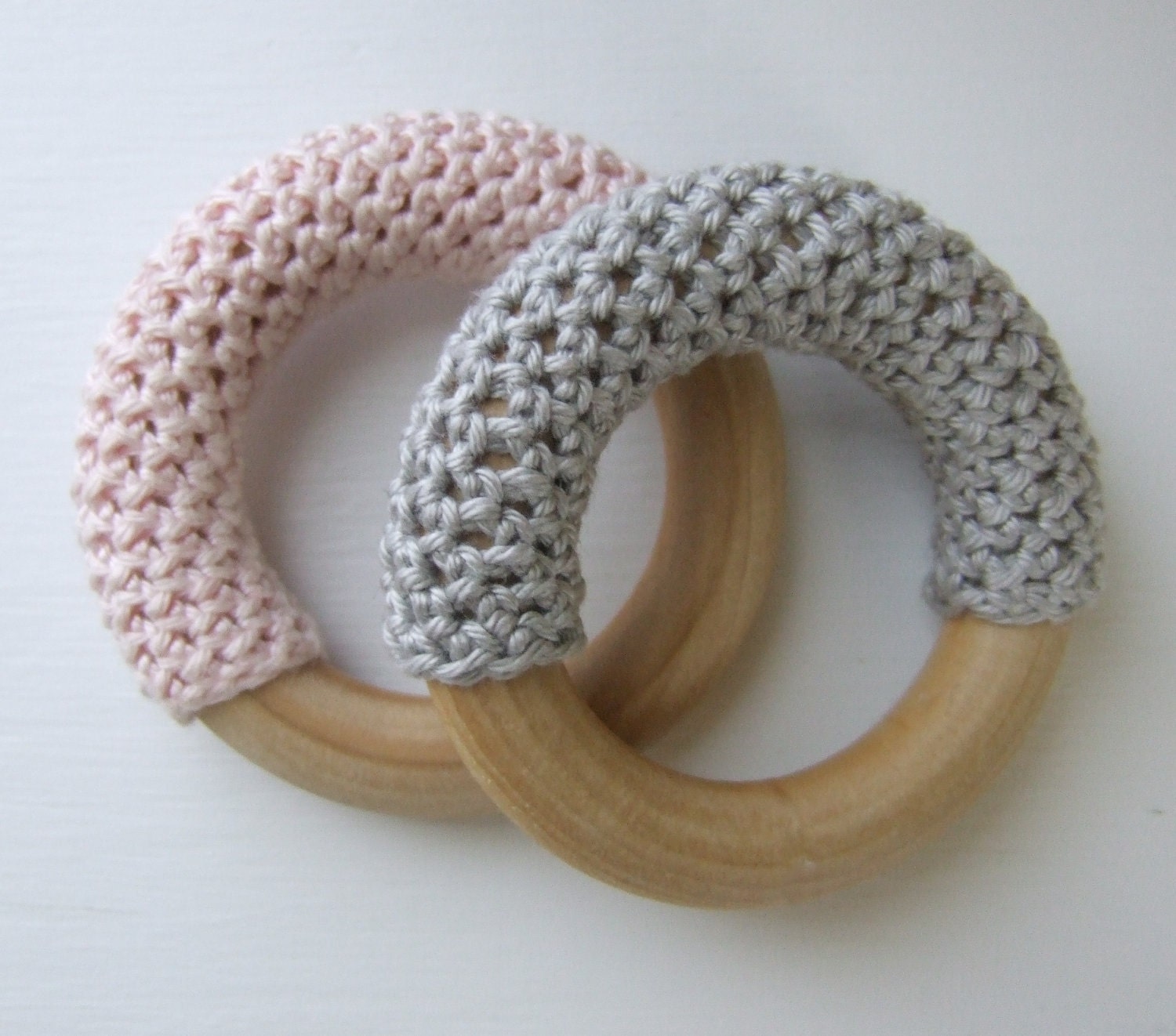 Pink and Grey Hand Crocheted Wooden Teething Rings (Set of Two with Organic Carry Bags) - mimiandlu