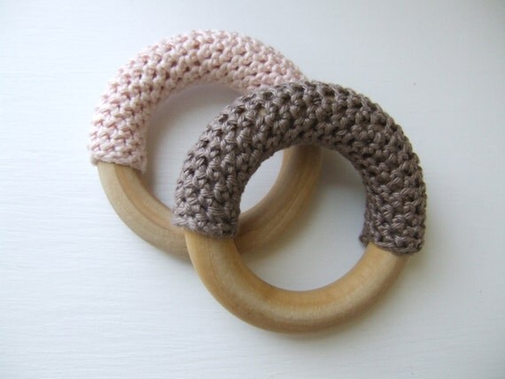Pink & Brown Hand Crocheted Wooden Teething Rings (Set of Two with Organic Carry Bags)