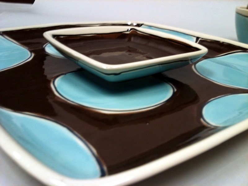 Square dish set in Aqua and Brown Polka Dot by Kimberly Geiger - Mypolkadotpottery