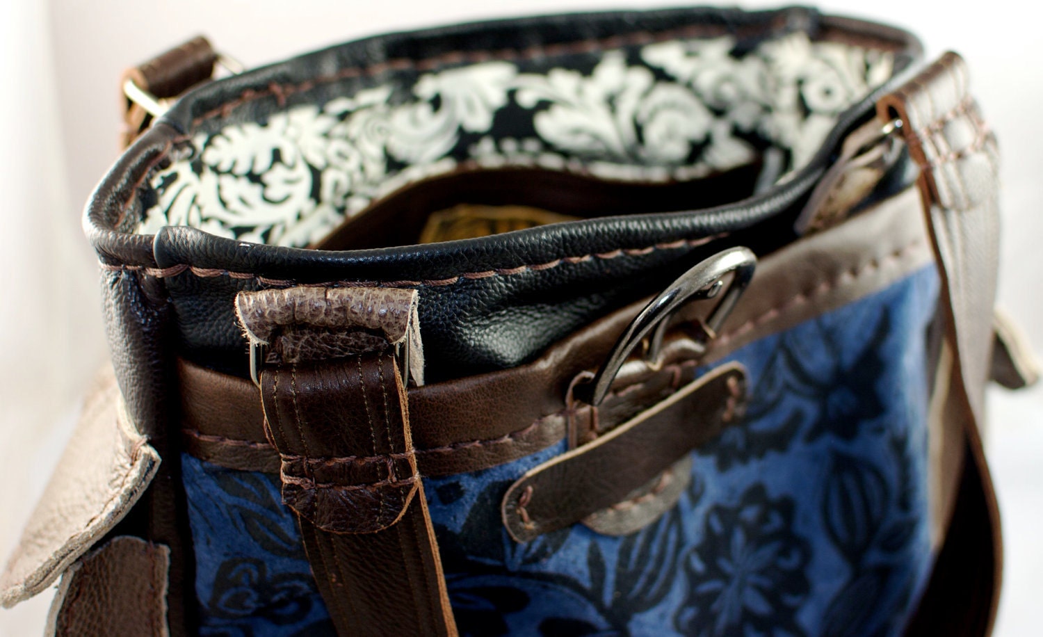Leather Travel Tote in Deep Blue and Espresso