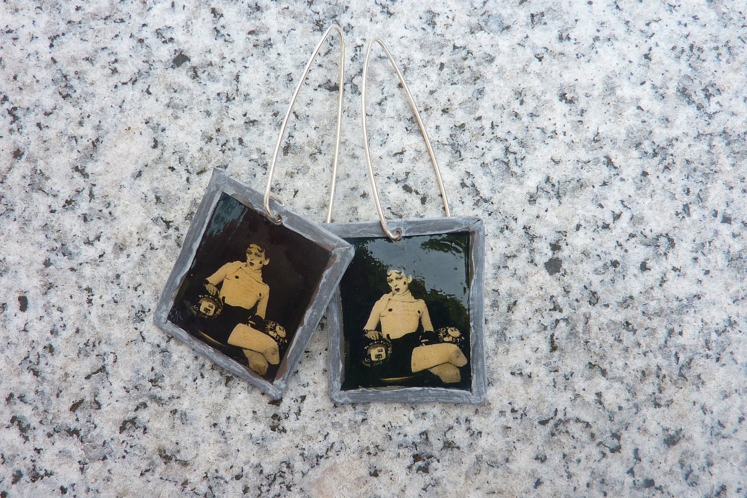 Vintage decoupage earrings with handmade sterling silver ear hooks- 1920's style, Etsy jewelry