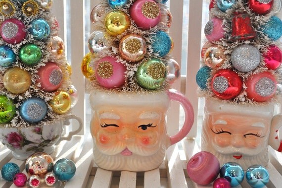 Tall Pink Santa Christmas Bottle Brush Tree Sweet Sugared Bells glass ornaments garland Shabby Chic pink bottlebrush black friday