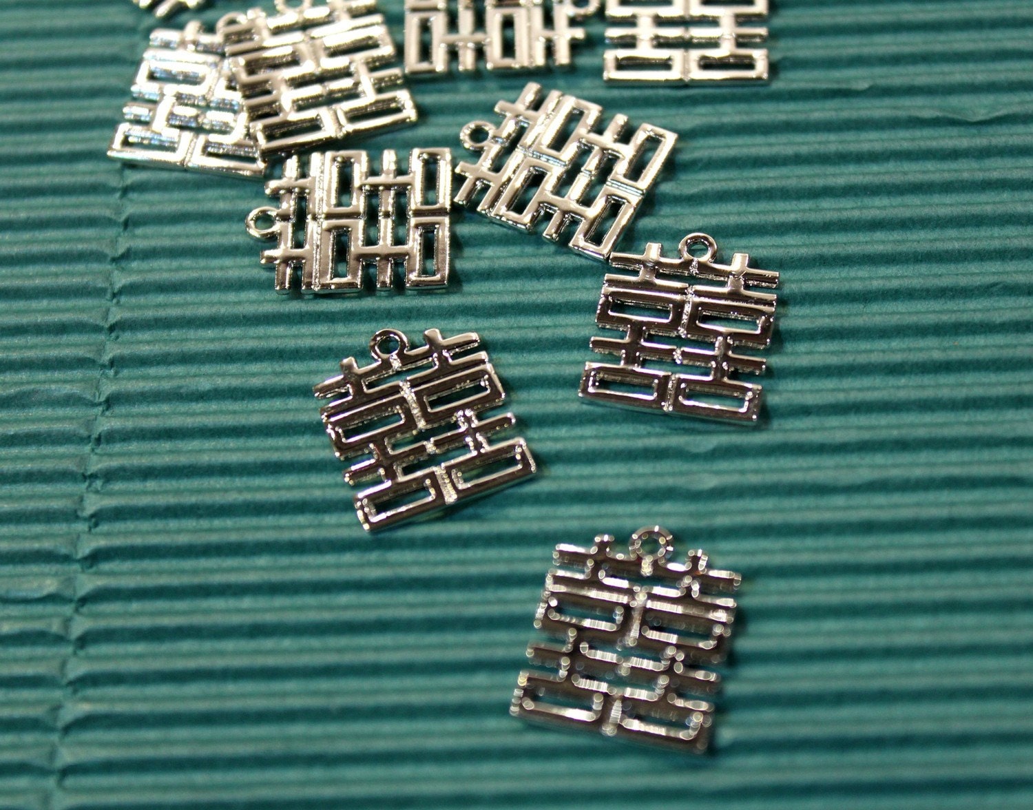 2 pcs - Double Happiness Silver Plated Charm Pendants - 15mm x 18mm - Nickel free