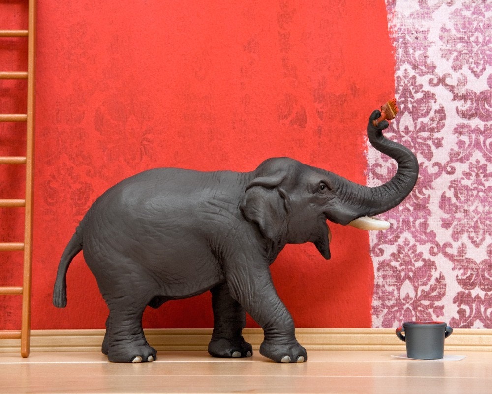 elephant art, bright red, funny, bold, diorama - Big Time Renovating 8 x 10
