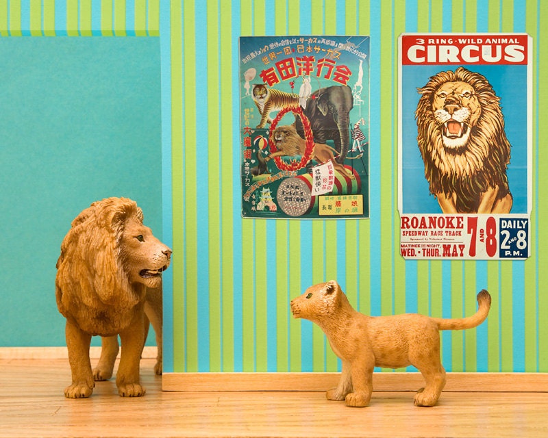 lion art, vintage circus posters, kids room decor, aqua and blue stripes - Lionized 8 x 10