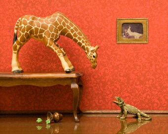 giraffe and lizard art, fancy diorama, animal print - Jumpin' Giraffes 8 x 10