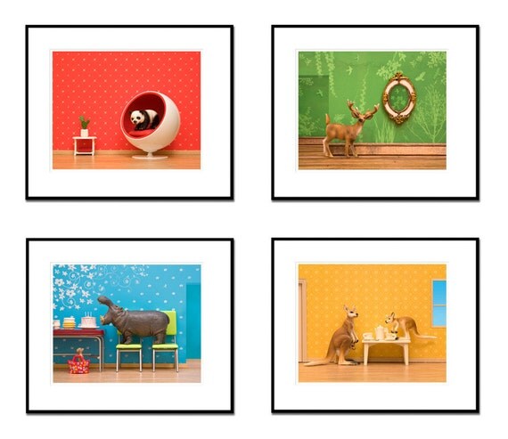 panda art, eames mid century modern, cute animal print, kids room - Panda Ball 8 x 10