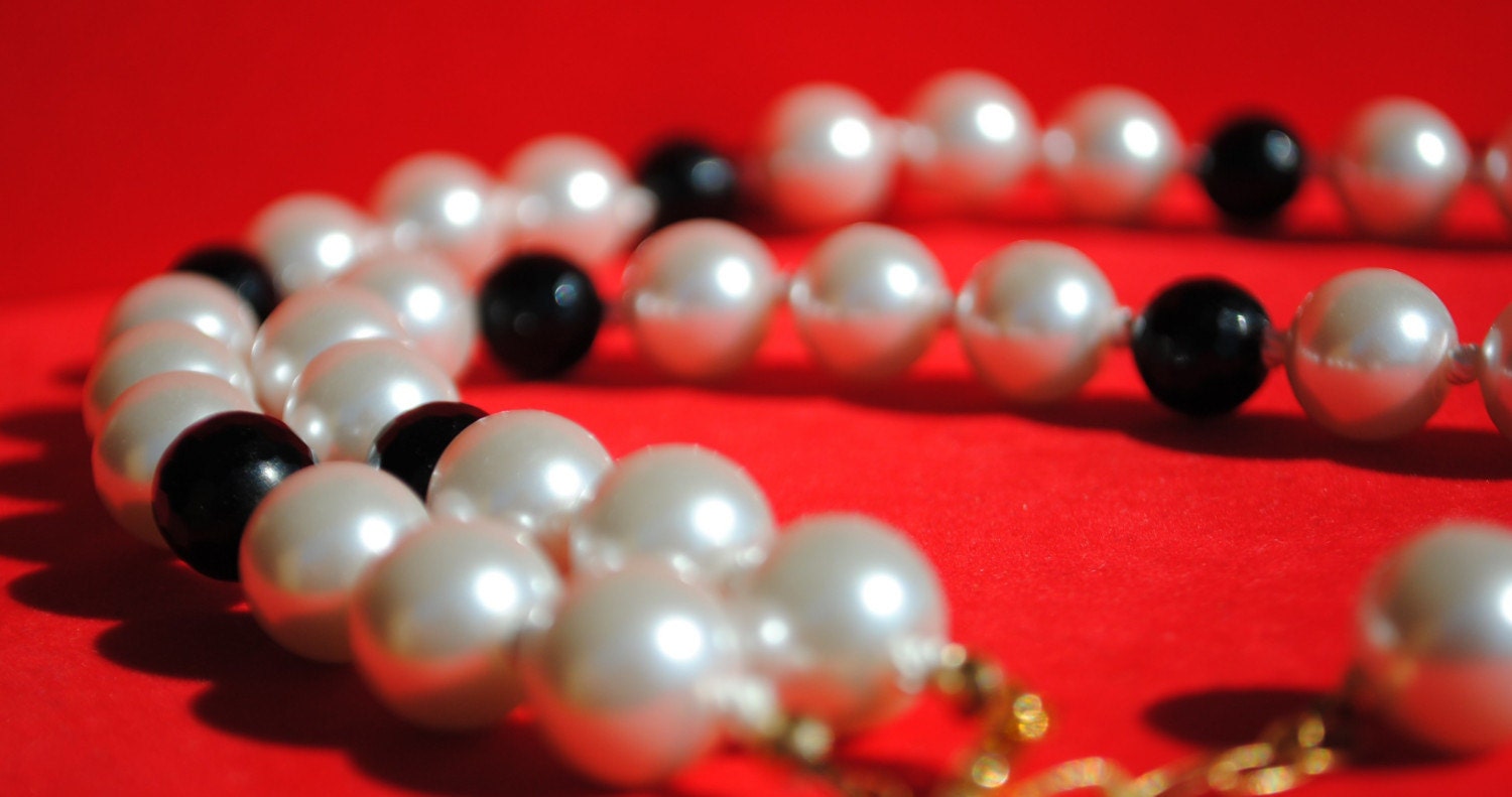 Handmade Black and White Necklace--South Sea Shell Pearl and Onyx Artisan Necklace Gold Filled 19 inches