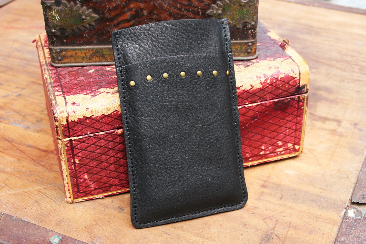HTC Sensation, HTC Inspire, Galaxy S 2 Soft Black Leather & Antiqued Rivets Sleeve Wallet Unique Beautiful Vintage