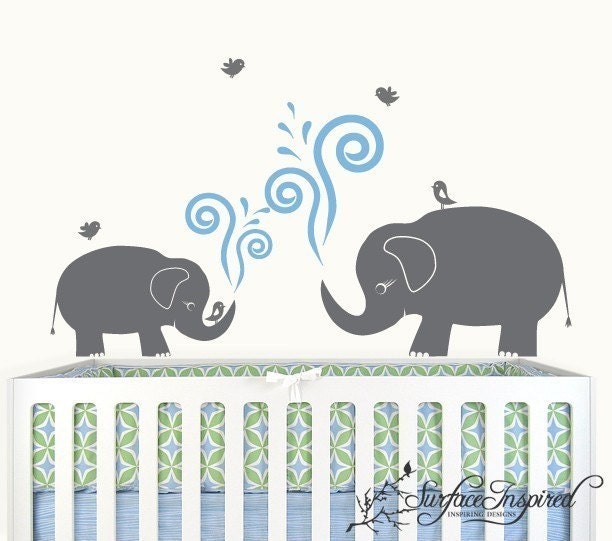 Nursery Wall Decals Baby Elephants with Birds Vinyl Wall Decal