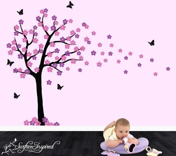Nursery Wall Decals Blowing Cherry Blossom Tree Vinyl Wall Decal - SUR101