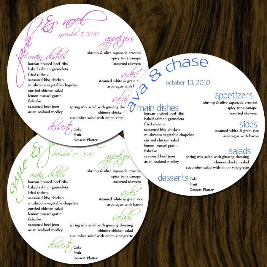 Wedding Menu Cards (Round Modern) -- Unique Addition to Your Reception Table