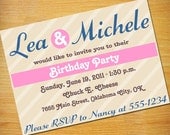 Pink and Blue Retro Dream Birthday Invitation -- Sophisticated Look for Every Girl -- Perfect for Twins, Dual Parties (Digital File)