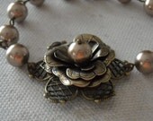 Bronze pearls Flower bracelet, Vintage bracelet, Wedding bracelet, Free Shipping, Gift, brass flower