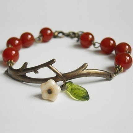 Free Shipping Twig Charm Bracelet, Bangle bracelet, cuff, Friendship bracelet, Red Agate Brcelet, Gift, Brass