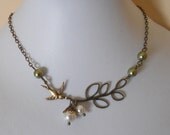 Fly with me Statement Necklace, Lariat, Choker, Twig necklace, Branch and sparrow necklace, gift,  Brass -green and white