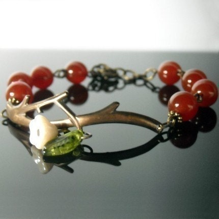 Free Shipping Twig red agate Bracelet , Flower and leaf, Charm Bracelet, Cull, Friendship bracelet, Christmas bracelet, Gift, Brass Branch