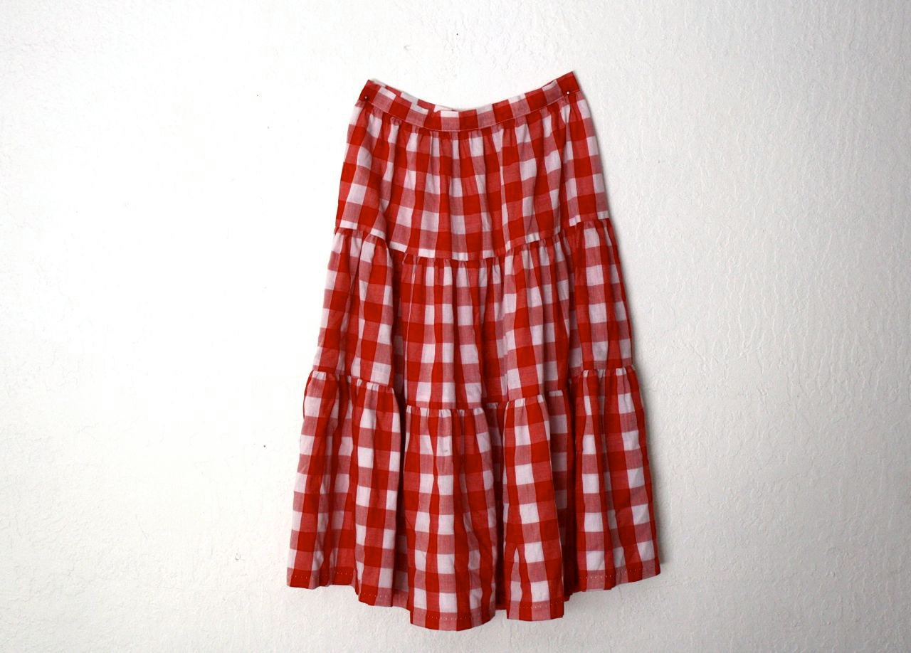 1970s skirt . tiered gingham skirt . cotton summer skirt